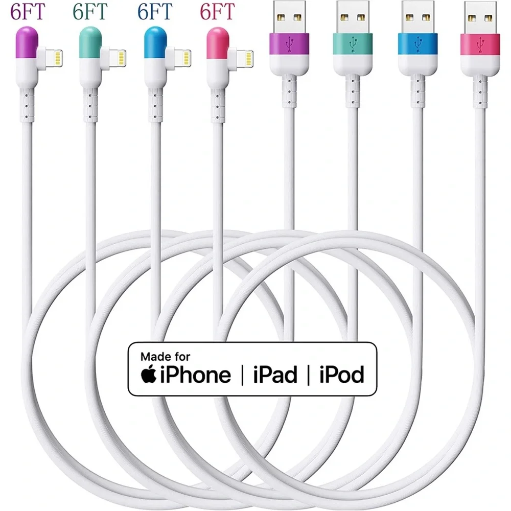 iPhone Lightning Cable 90 Degree Charging Cord Apple MFi Certified 4-Pack 6ft